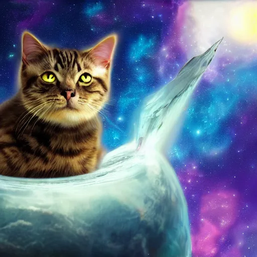 Image similar to fantasy cat floating in space, high detail, fantasy art, concept art, 4 k, ultra detail, computer art