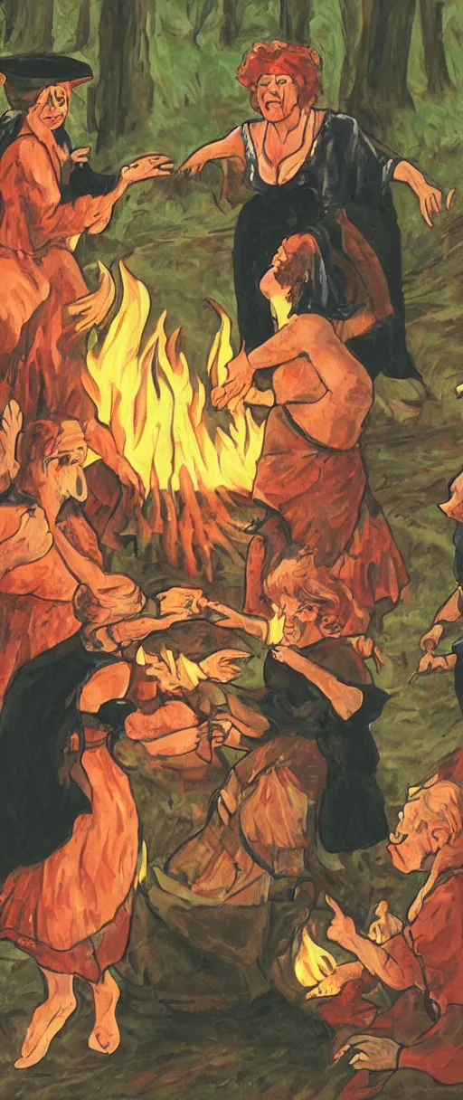 Prompt: grandma witches dancing around a fire with old skin and muscle and fat and blood