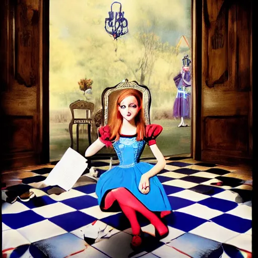 Prompt: alice in the wonderland, sitting, checkered floor, chair, blue dress, door blonde by cheval michael