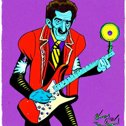 Image similar to Barry Chuckle Shredding on an electric guitar in the style of Jason Edmiston and Gary Panter