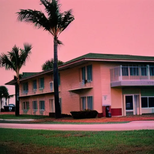 Prompt: photo of motel in florida 1985, cinestill, 800t, 35mm, full-HD