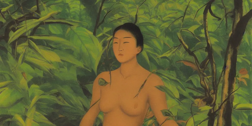 Image similar to painting of a female soldier in the rainforest at golden hour by kitano tsunetomi, 1 9 3 9