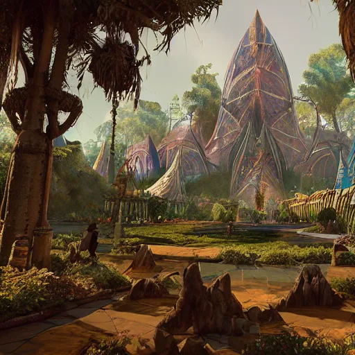 Image similar to fantasy village cryengine sacred geometry render by android jones, syd mead, and john stephens