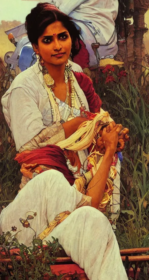 Image similar to close up a beautiful Indian doctor in Texas, sun shining, photo realistic illustration by greg rutkowski, thomas kindkade, alphonse mucha, loish, norman rockwell.