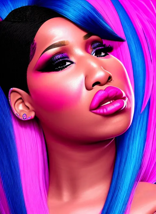 Image similar to nicki minaj wants to kiss cardi b, evangelion, au naturel, hyper detailed, sharp focus, bokeh, depth of field, digital art, trending in artstation, cinematic lighting, studio quality, smooth render, unreal engine 5 rendered, octane rendered, art style by klimt and nixeu and ian sprigger and wlop and krenz cushart