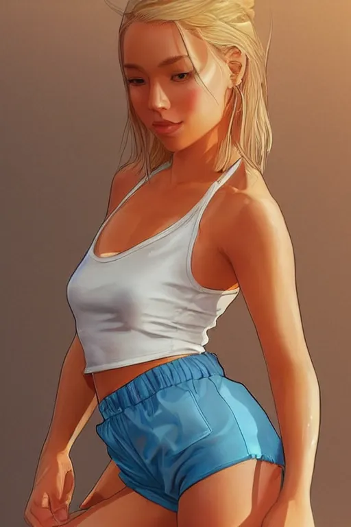 Prompt: a beautiful woman with hip-length blonde hair, wearing a cut-off white top and short light orange shorts, stands by a swimming pool, facing forward, in the style of artgerm and moebius and annie liebovitz, photorealistic, highly detailed, trending on artstation