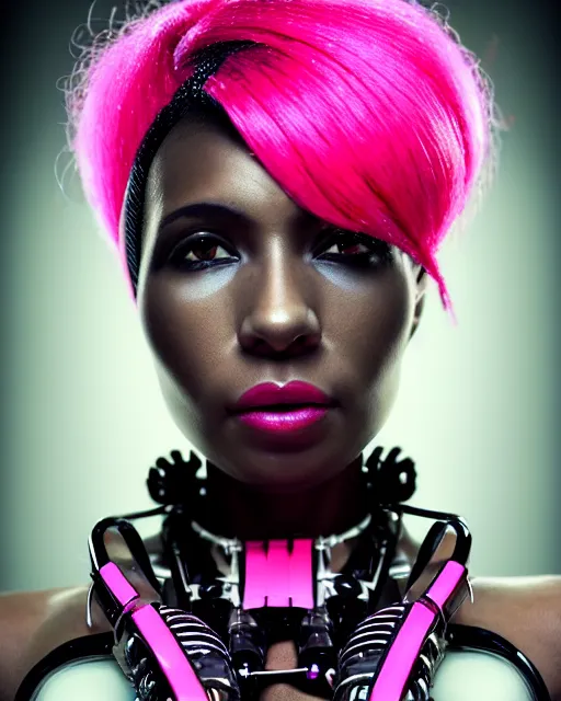 Image similar to portrait of a beautiful black woman with pink hair as a cyberpunk cyborg half robot, revealing wires and electronics, hooked - up, sci - fi, missing panels, intricate abstract upper body intricate artwork, concept art, octane render, deviantart, cinematic, key art, hyperrealism, iridescent accents, portrait photograph, nikon 3 5 mm, photograph by greg rutkowski