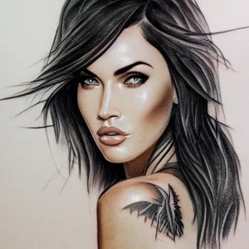 Image similar to tattoo design sketch of megan fox mash up effect with beautiful mountain scenery, in the style of matteo pasqualin, amazing detail