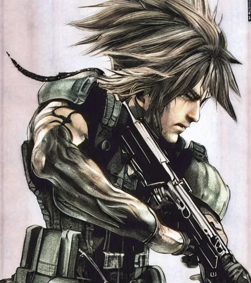 Prompt: solid snake by yoshitaka amano, final fantasy metal gear cover art