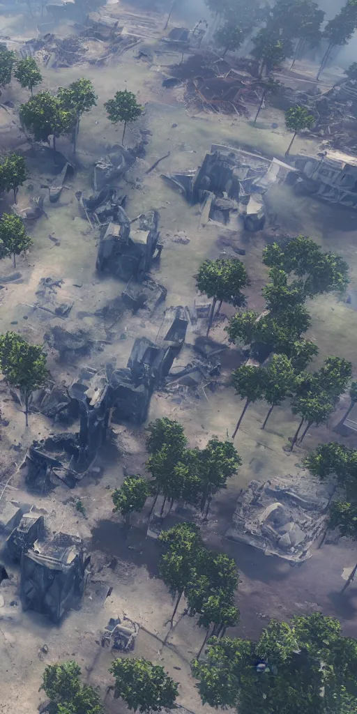 Image similar to aerial view of destroyed battlefield, unreal engine