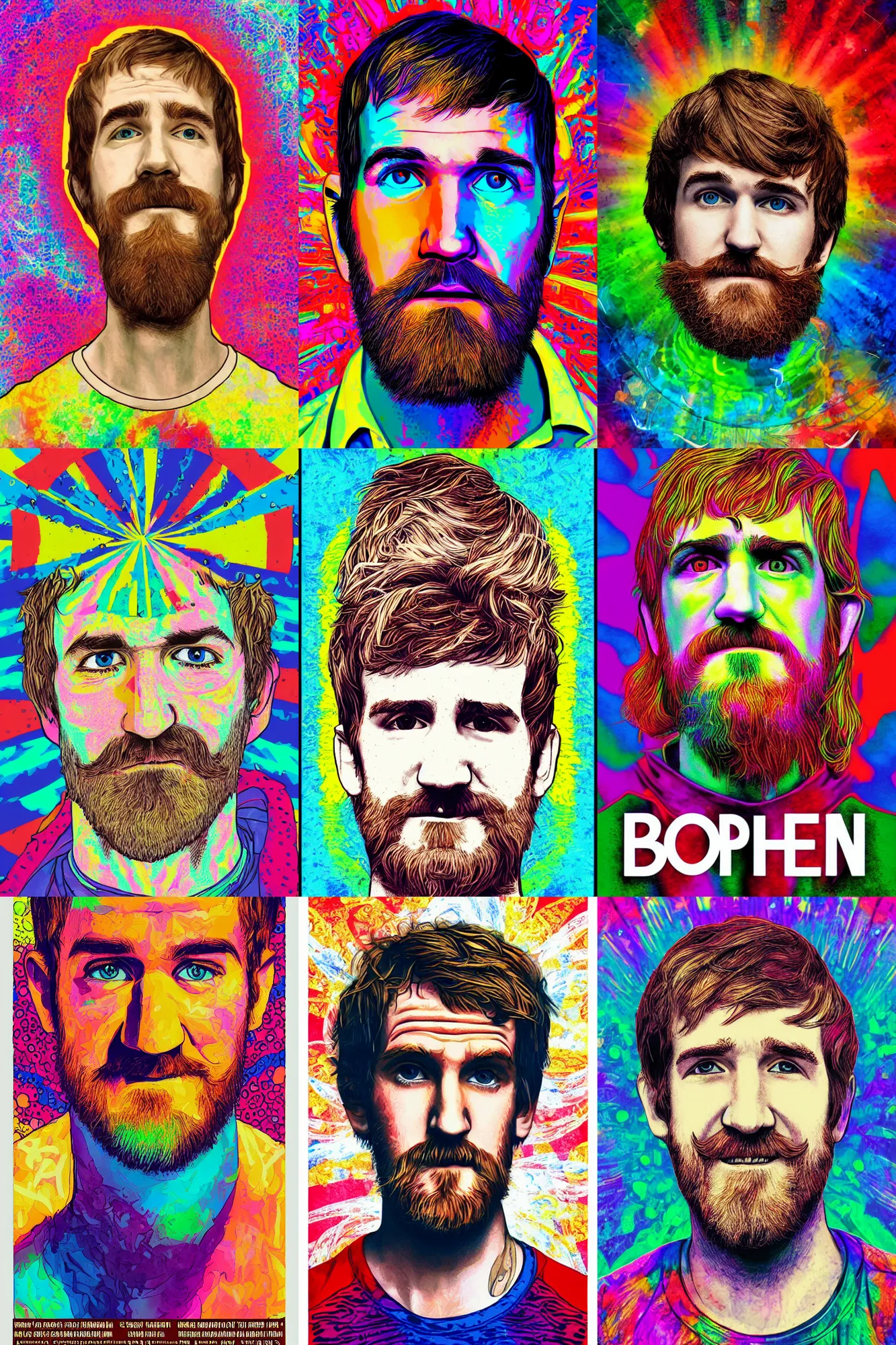 Image similar to inspirational style hope poster of bo burnham with beard, psychedelic colors, highly detailed, realistic, loving