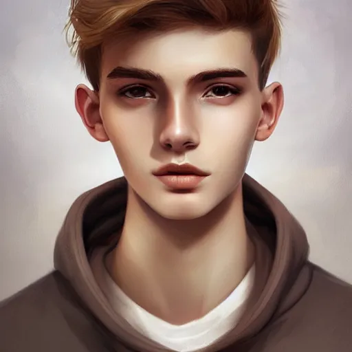 Prompt: teenage boy with brown blond short quiff hair and thin slightly round facial structure with cleft chin and bumpy nose with good definition of cheekbones and Alert brown eyes, narrow face, slim body, atmospheric lighting, painted, intricate, 4k, highly detailed by Charlie Bowater