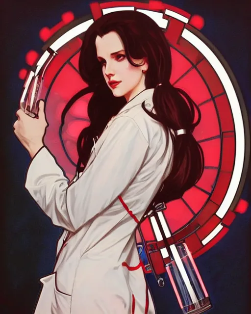 Image similar to lana del rey as a confident scientist, wearing a labcoat, intricate, red white and black color scheme, illustration by krenz cushart, alphonse mucha, artgerm, trending on artstation