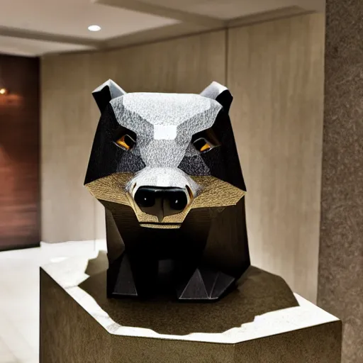 Prompt: a statue of a low-poly badger displayed in a hotel lobby