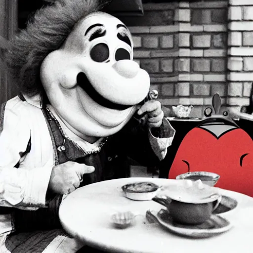 Prompt: Bozo the clown having tea with pizza.