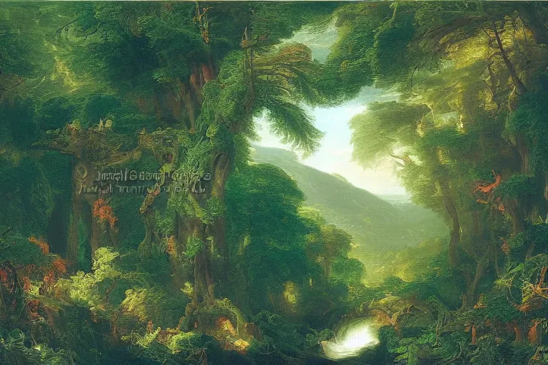 Image similar to top down view of lush pine forest, many witch houses, river flowing through the forest by thomas cole by justin gerard