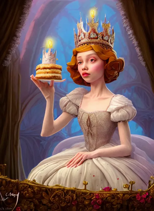 Image similar to highly detailed closeup, low - poly hands, portrait of a fairytale medieval princess wearing a crown and sitting on a throne eating cakes, unreal engine, low - poly hands, nicoletta ceccoli, mark ryden, earl norem, lostfish, global illumination, god rays, detailed and intricate environment