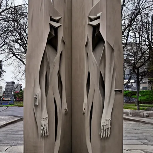 Image similar to distorted by nobuo sekine. in the center of the street art is a large gateway that seems to lead into abyss of darkness. on either side of the gateway are two figures, one a demon - like creature, the other a skeletal figure.