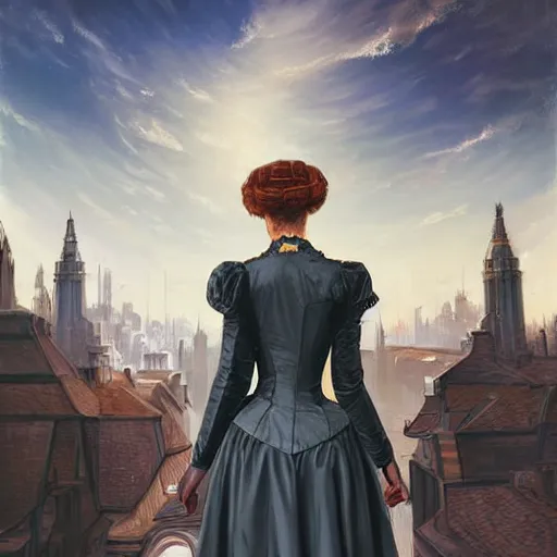 Prompt: portrait of a victorian lady in a futuristic city, from behind, streets, beautiful, fully open sky, side buildings, highly detailed, digital painting