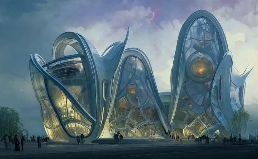 Image similar to exterior shot of utopian architecture transparent building with cinematic lighting by zaha hadid and renzo piano, darek zabrocki and greg ruthkowski, alphonse mucha, simon stalenhag, cinematic, stars, beautiful, holy place, paradise, scifi, futurism, atmospheric, concept art, artstation, trending on artstation