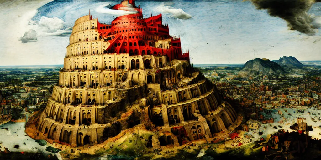 Image similar to The Tower of Babel by Bruegel, firestorm, thunderstorm, trending on artstation, artstationHD, photorealistic