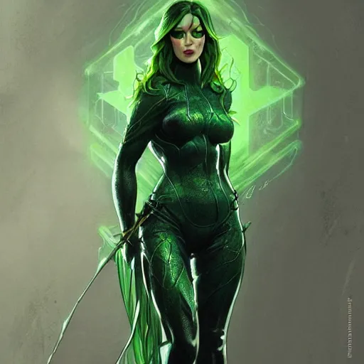 Image similar to full figure ultra realistic illustration, evan rachel wood as poison ivy wearing futuristic black armor, green skin, highly detailed, digital painting, artstation, concept art, smooth, sharp focus, illustration, art by artgerm and greg rutkowski and alphonse mucha