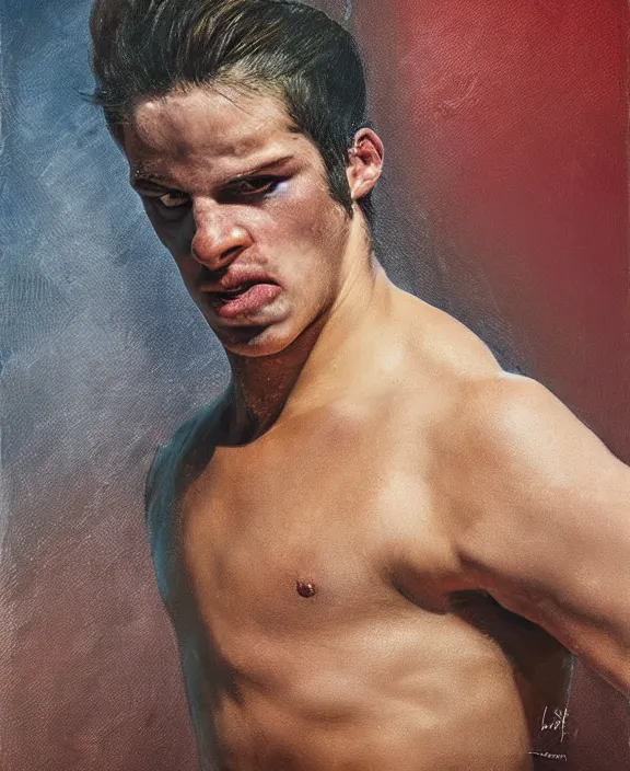 Image similar to portrait of a handsome young spanish wrestler, art by denys tsiperko and bogdan rezunenko, hyperrealism