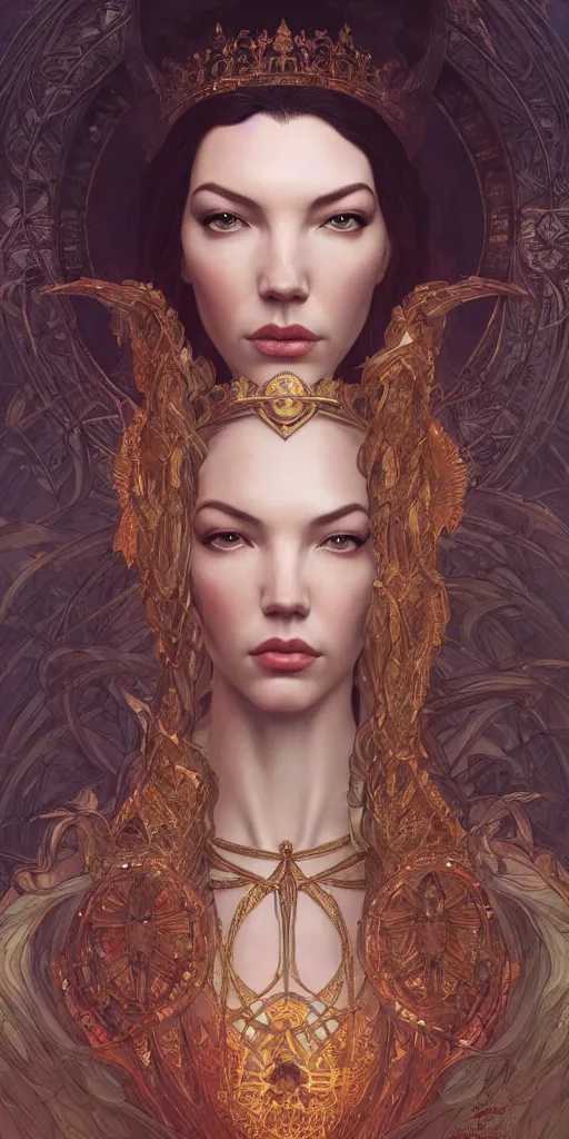 Prompt: Chrysta bell ans sasha luss as slavic Goddess and queen, intricate, highly detailed, digital painting, artstation, concept art, smooth, sharp focus, illustration, Unreal Engine 5, 8K, art by artgerm and greg rutkowski and alphonse mucha