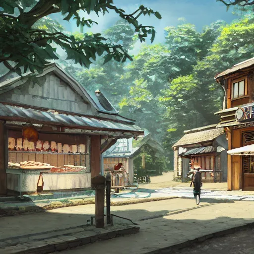 Image similar to concept art painting of a historic bakery with european and japanese architecture, in a woodland village surrounded by trees, realistic, detailed, cel shaded, in the style of makoto shinkai and greg rutkowski and james gurney