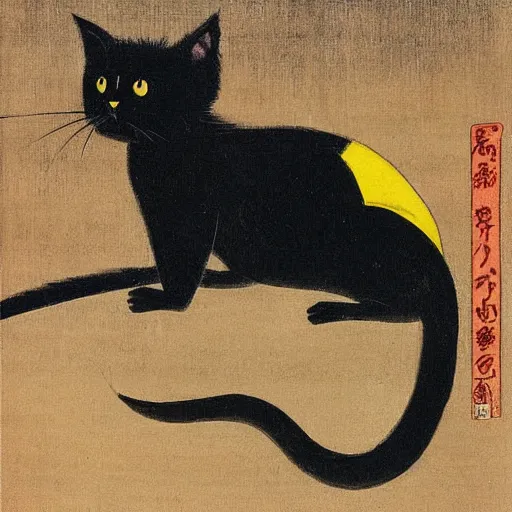 Prompt: a black cat with yellow eyes looking at a cornered mouse by tsuguharu foujita