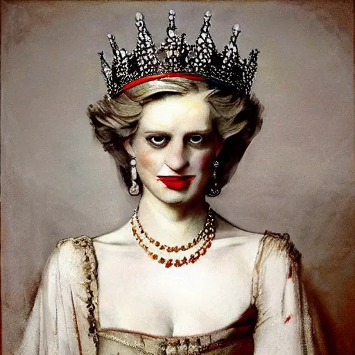 Prompt: an ominous portrait of Princess Diana with blood dripping from her lips wearing a crown and holding a sceptre, by Rembrandt, by Goya, Dutch Golden Age, chiaroscuro, artstation