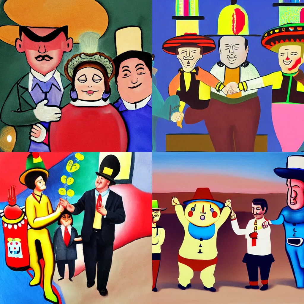 Prompt: Stable Diffusion team receiving triumphant high five from happy robot wearing sombrero painted in the style of botero and also Saul Goodman is there for some reason, I don\'t know