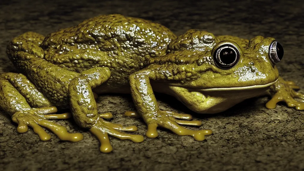 Image similar to the frog is god, neosurrealism, cosmic horror, made in blender, ultra realistic, octane render hd 4 k, highly detailed, cinematic lighting, superb resolution