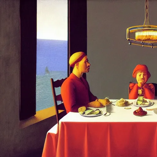 Image similar to a dinner fit for a king by Raphael, Hopper, and Rene Magritte. detailed, romantic, enchanting, trending on artstation.