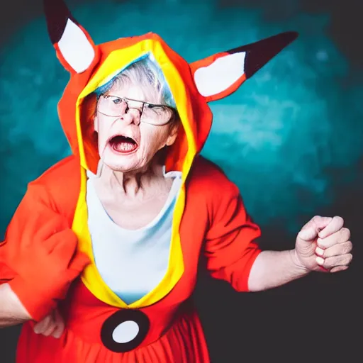 Prompt: an angry cute granny in a pokemon costume. dimly lit bar background. editorial photography