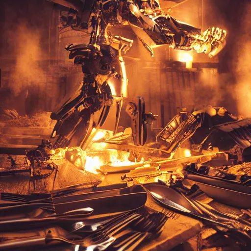 Image similar to cutlery mecha, dark messy smoke - filled cluttered workshop, dark, dramatic lighting, orange tint, cinematic, highly detailed, sci - fi, futuristic, movie still