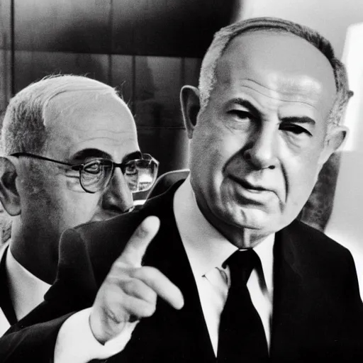 Prompt: photo of yitzhak rabin pointing at benjamin netanyahu on the background of the knesset, 5 0 mm, beautiful photo