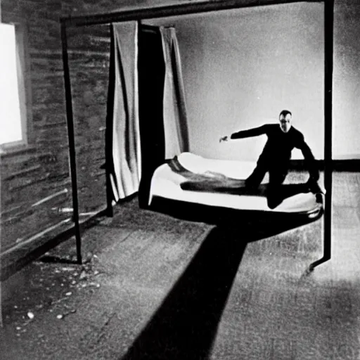 Image similar to a 1960 photo of exorcism,room ,levitating person