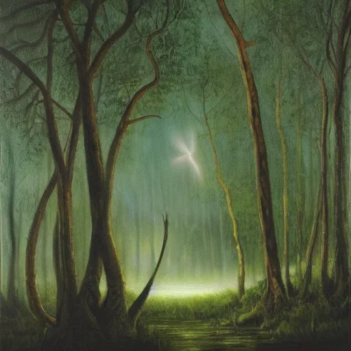 Image similar to will o'the wisp floating in the air over a clearing in the forest surrounding a swamp, evening, highly detailed, oil painting