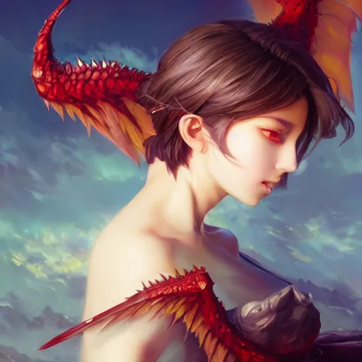 Image similar to an oil painting of a beautiful anime girl with dragon wings, by artgerm, wlop and greg rutkowski, hd, hdr, ue 5, ue 6, unreal engine 5, cinematic 4 k wallpaper, 8 k, ultra detailed, high resolution, artstation, award winning