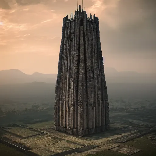 Image similar to a gigantic brutalist ancient tower, a detailed structure with at the top 3 spires in form of a trident, 6 0 0 hundred meters tall set against sunlit, all surrounded by smoke, mountains and a huge old city, vray render 4 k, octane render 8 k, art station, ultra realistic, cinematic composition, style of weta, in the style of ilm