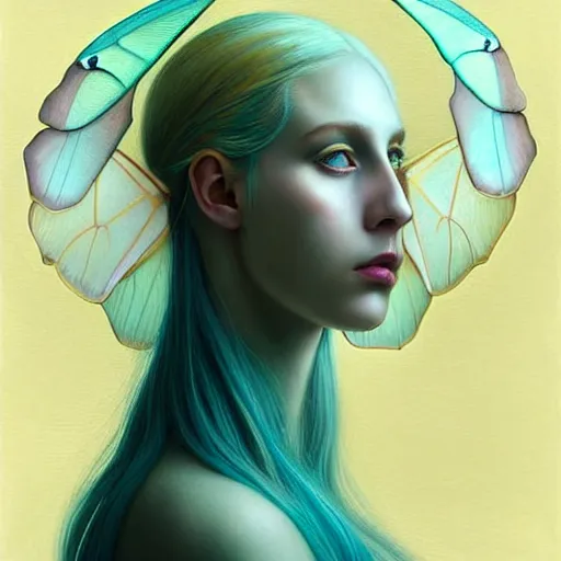 Image similar to portrait of girl with pale teal hair, luna moth, uniquely beautiful, fantasy, intricate, elegant, dramatic lighting, emotionally evoking symbolic metaphor, highly detailed, lifelike, photorealistic, digital painting, artstation, concept art, smooth, sharp focus, illustration, art by John Collier and Albert Aublet and Krenz Cushart and Artem Demura and Alphonse Mucha