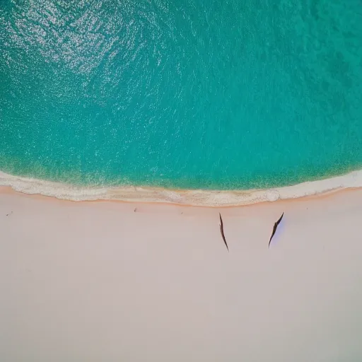 Prompt: an aerial drone photo of a crowded white sands beach and deep blue waters, 2 large sharks in water, fine art photography, trending on Instagram, water caustics