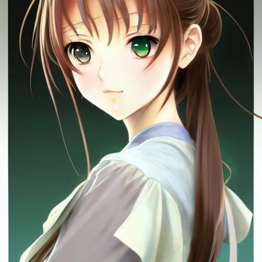 Prompt: beautiful anime high school girl, complete body view, brown hair, ponytail, white ribbon, green eyes, full perfect face, slightly smiling, western, fantasy, intricate, elegant, highly detailed, digital painting, artstation, detailed school background, matte, sharp focus, illustration, art by Artgerm and Greg Rutkowski, Alphonse Mucha, Sasoura, Satchely, no distorsion