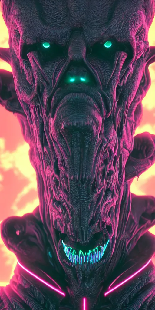 Image similar to synthwave demonic alien face with neon horns, detailed face, sharp focus, synthwave art, aesthetic, octane render, raw, cinematic