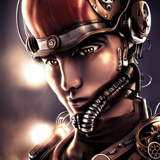 Image similar to steampunk cyborg man, anime, portrait, finely detailed, cinematic lighting,