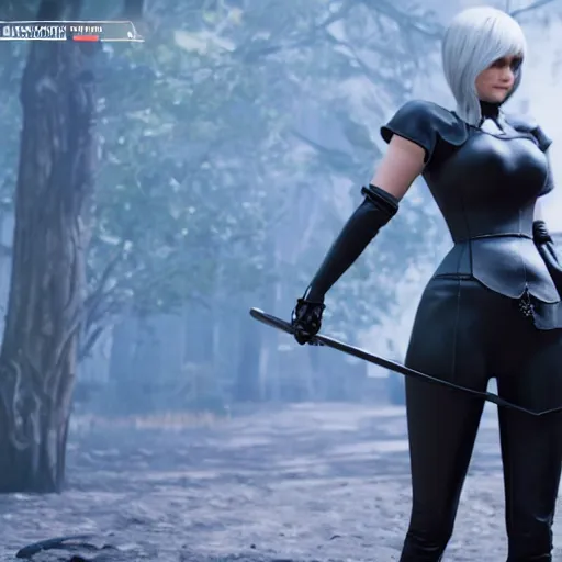 Prompt: Film still of a woman cosplaying as 2B nier automata wearing skintight clothes riding a horse, from Red Dead Redemption 2 (2018 video game), trending on artstation, artstationHD, artstationHQ