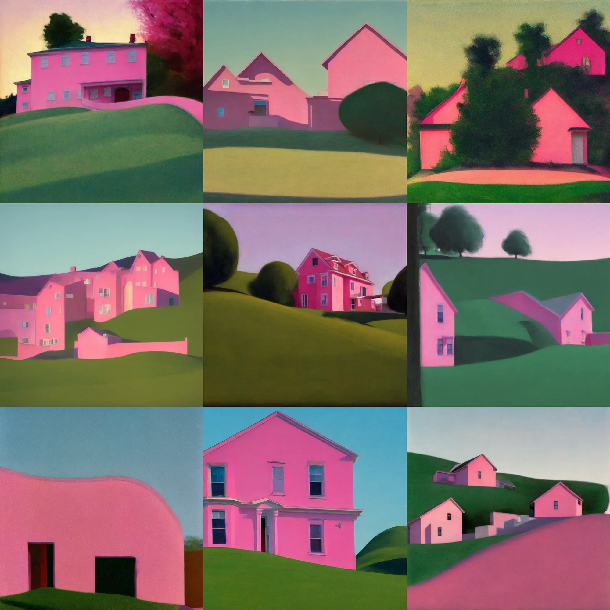 Prompt: a bad quality photograph of perfectly rounded hills with a pink house painted by edward hopper over, dreamcore looking, liminal space, unusual color palette, soft ambient ilumination