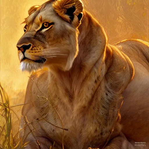 Image similar to highly detailed portrait of a majestic lioness queen in the form of a beautiful woman. d & d, art by donato giancola and ruan jia and carl larsson. trending on artstation, intricate details, energetic composition, golden ratio, concept art, illustration, elegant art