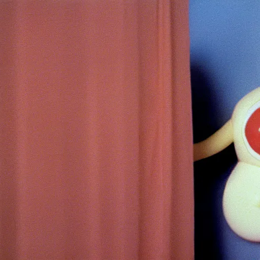 Image similar to still from a 1994 arthouse film about a depressed woman dressed as an inflatable smiley who meets a handsome younger man in a seedy motel room, color film, 16mm soft light, weird art on the wall